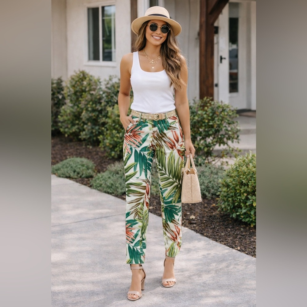 Chaser Women's‎ Green Pink Tropical Jeans 24 Palm Leaves Boho pants Vacation